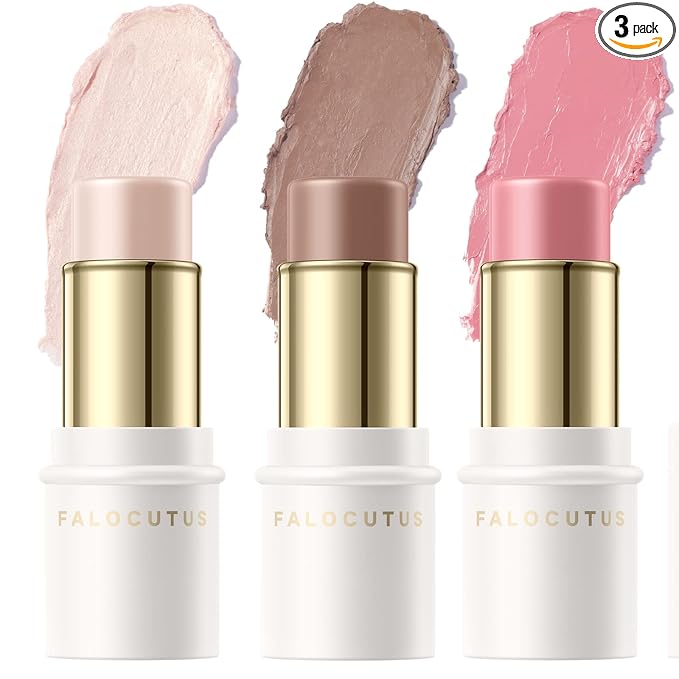 FALOCUTUS 3 Pcs FAIR Contour Stick Set,Cream Blush & Highlighter Bronzer Pen,Long Lasting & Smooth Natural Face Contouring Illuminator,Professional Makeup Kit for All Skin