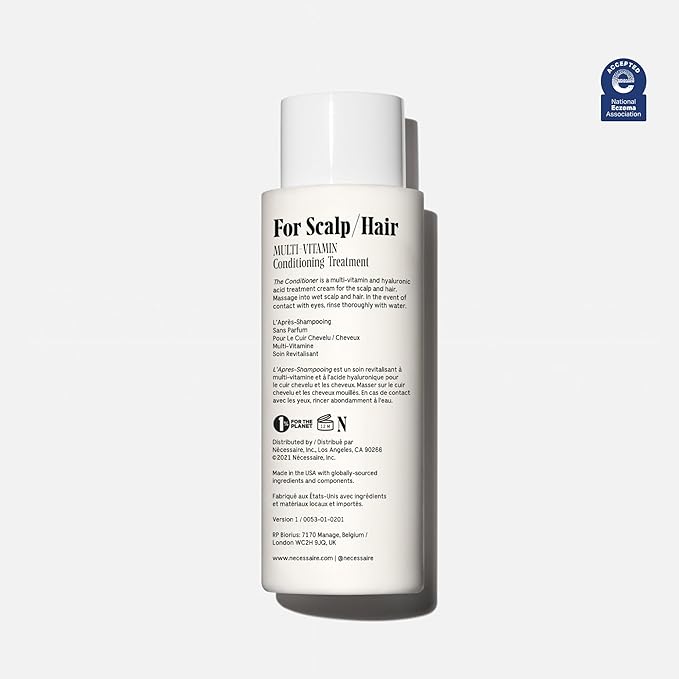 Nécessaire The Conditioner. Fragrance-Free. Hydrating Treatment For Scalp + Hair. Hyaluronic Acid. Hypoallergenic. Dermatologist-Tested. Non-Comedogenic. No Silicones. 250 ml / 8.4 fl oz
