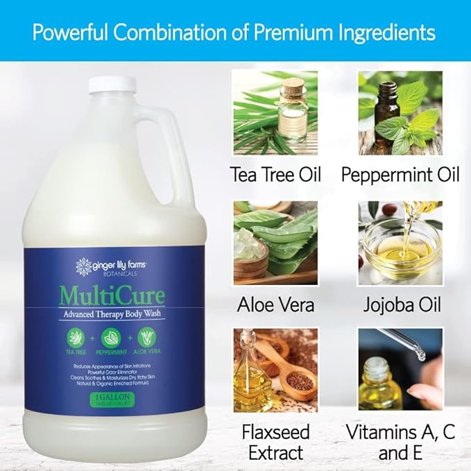 Ginger Lily Farms Botanicals MultiCure Advanced Therapy Body Wash with Tea Tree Oil, Peppermint and Aloe Vera, 100% Vegan & Cruelty-Free, 1 Gallon (Pack of 4)