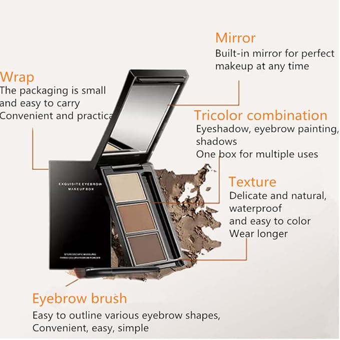 Eyebrow powder three-color brow disc waterproof eyebrow powder eyebrow makeup kit eyebrow filler to shape natural eyebrows (02# Brown, light brown, skin tone)