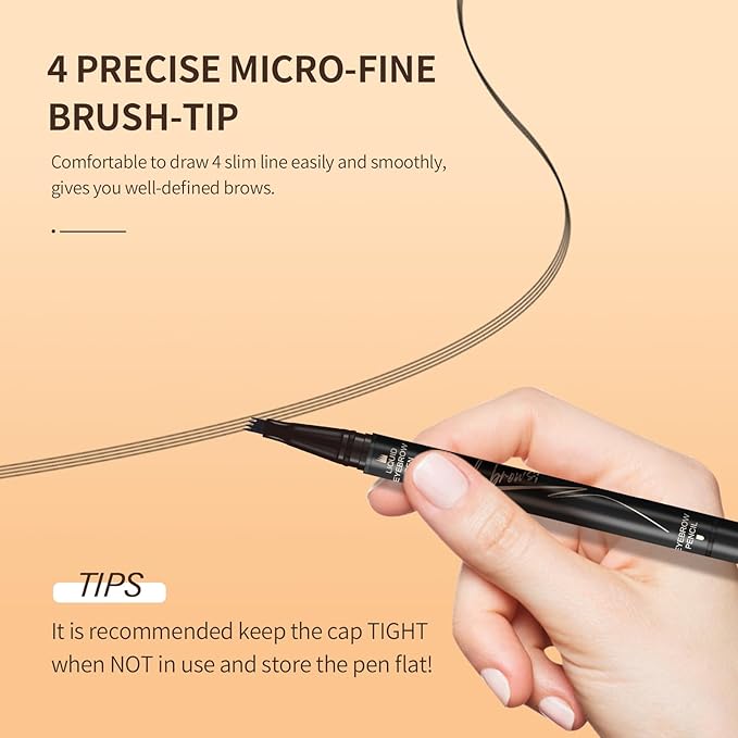 Music Flower Dual-Ended Microfilling Eyebrow Pen, Liquid Eyebrow Pen with 4 Micro Brush-Tip Applicators & Brow Defining Pencil with Precision Tip (Black)