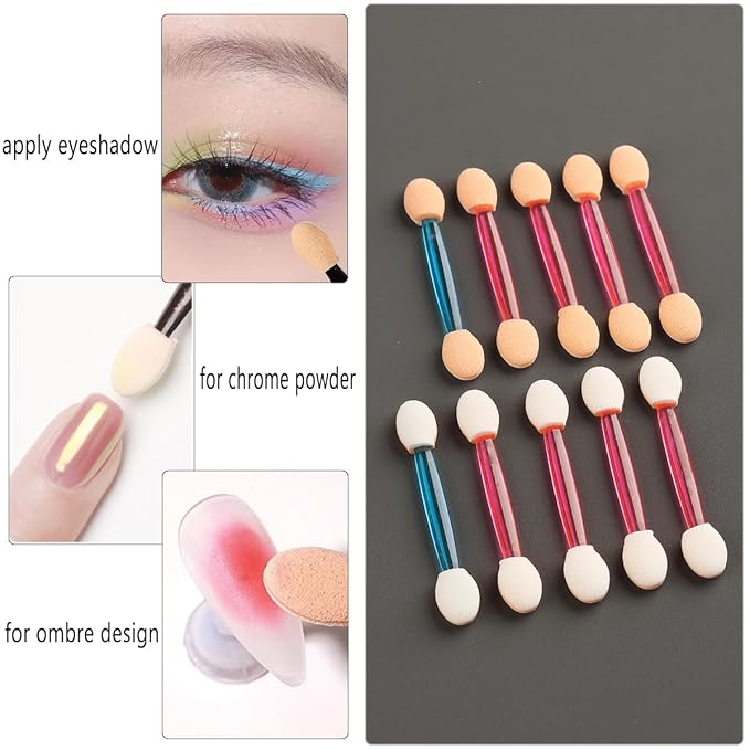 Fcozpjk Chrome Nail Powder Applicator Brushes, 100PCS Colorful Disposable Eyeshadow Applicators, Dual Side Eye Shadow Sponge Sticks, Nail Glitter Powder Pigment Pen Brush, Nail Art Applicator Tools