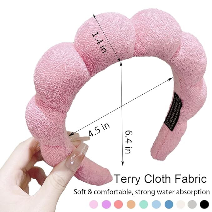 AOENJIE Spa Headbands for Washing Face or Makeup, Sponge Bubble Skincare Headbands, Puffy Terry Cloth Hairband for Women, Skin Care Makeup Headwear Hair Accessories for Girls(Pink)