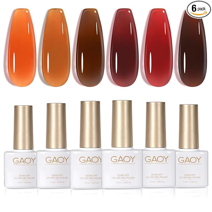 GAOY Jelly Tortoise Brown Gel Nail Polish Set, 6 Transparent Colors Dark Red Orange Pumpkin Soak Off UV Light Cure Gel Polish Kit for Salon and Nail Art DIY at Home