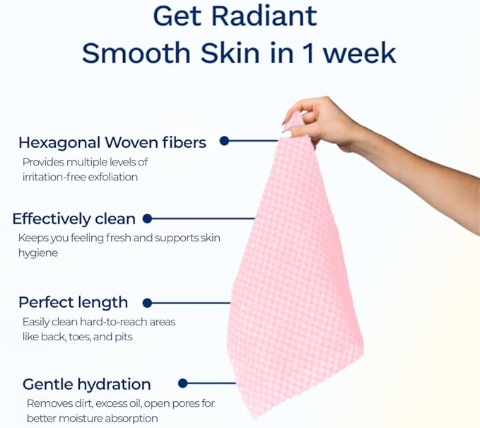 Sima Brand Exfoliating Washcloth Face & Body Scrub Towel - Japanese Exfoliating Towel with Hexagon Fibers, Body Scrubber with 2 Sides for Scrubbing & Washing, Extra Long Towels (White, 2 Pack)