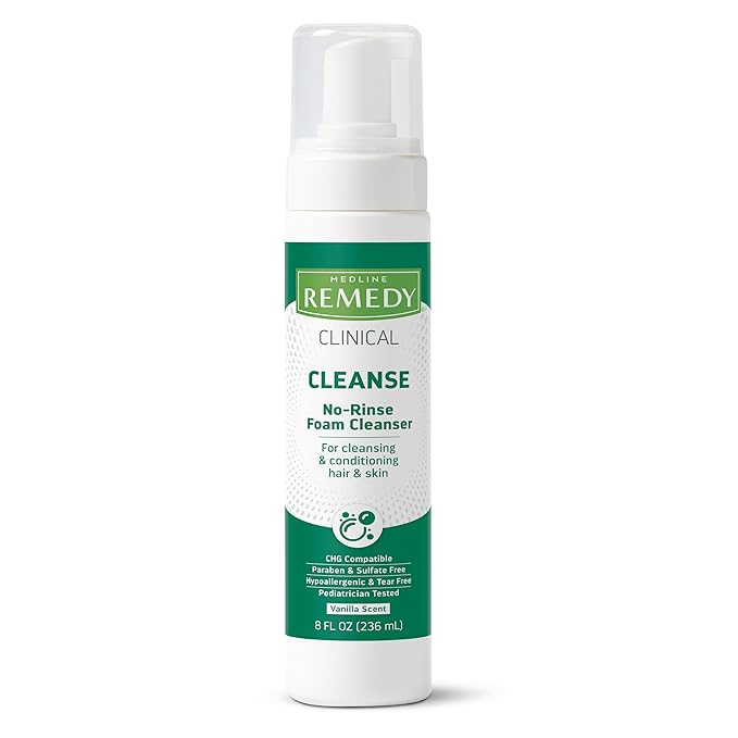 Medline Remedy Clinical No-Rinse Foam Cleanser, Vanilla Scent (8 fl oz), No Rinse Shampoo and Body Cleanser for Sensitive Skin, Hydrating, Paraben and Sulfate Free, For Face, Body, and Hair, All Ages
