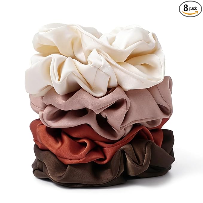 Satin Scrunchies for Women – 8PCS Earth Tone Silk Hair Ties – No Crease, Frizz-Free, Warm & Natural Hair Bands for Thick & Thin Hair, Earthy Hair Accessories Gifts