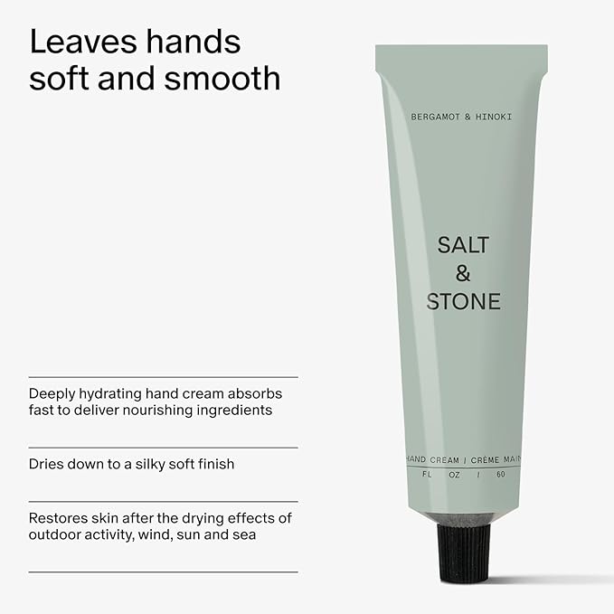 Salt & Stone Hand Cream for Women & Men | Hydrates, Nourishes & Softens Skin | Restores Dry Cracked Hands | Fast-Absorbing | Cruelty-Free & Vegan | Bergamot & Hinoki 2 fl oz