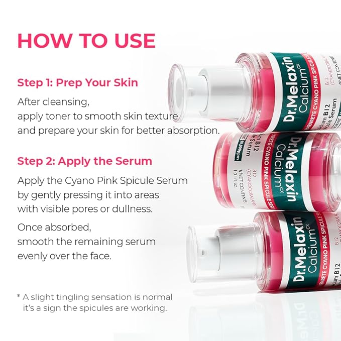 Dr.Melaxin Cyano Pink Spicule Serum with Vitamin B12, Liquid Microneedle Facial Treatment for Enlarged Pores, Niacinamide for Texture Refining & Renewal, 1.01 fl.oz