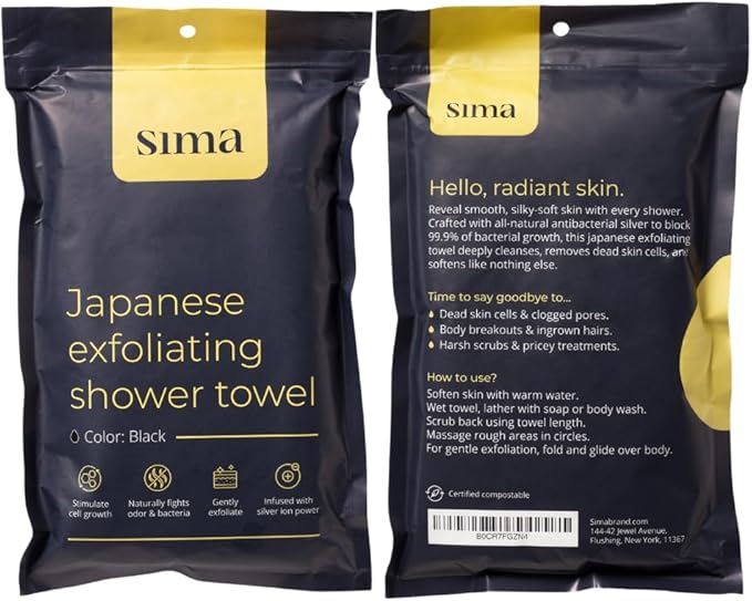 Sima Brand Exfoliating Washcloth Face & Body Scrub Towel - Japanese Exfoliating Towel with Hexagon Fibers, Body Scrubber with 2 Sides for Scrubbing & Washing, Extra Long Towels (Black, 2 Pack)
