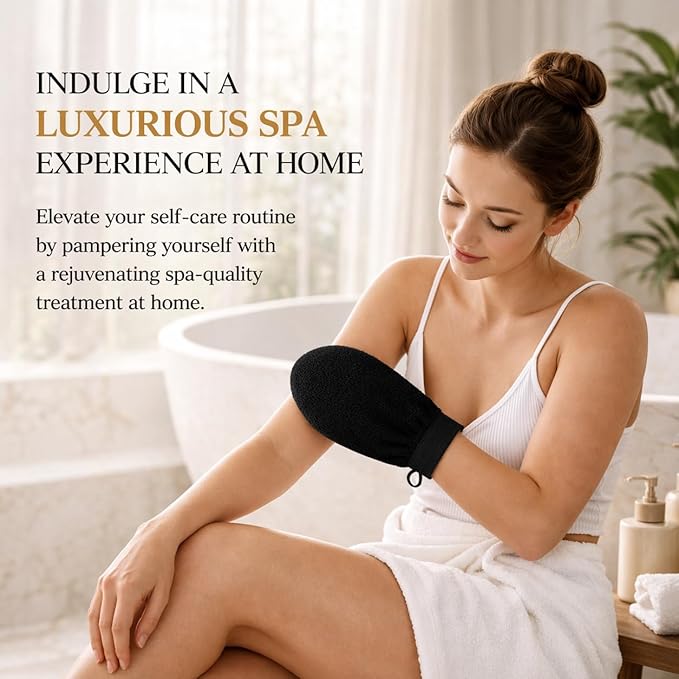 Exfoliating Glove for Dead Skin Removal Deep Scrub Mitt for Smooth Skin, Ingrown Hairs & Keratosis Pilaris Moroccan Bath Exfoliator 100% Biodegradable Viscose Material (Black)