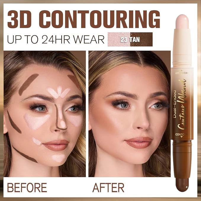 2Pcs Dual Ended Contour Stick Set, 21# + 23# Cream Concealer Highlighter, Waterproof No Transfer Long-Lasting 2-in-1 Face Contour Bronzer Sticks for Daily Makeup