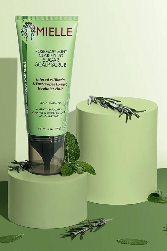 Mielle Organics Rosemary & Mint Sugar Exfoliating Scalp Scrub - Gentle Pre-Shampoo Dry Scalp Treatment for Oil & Product Buildup - Biotin Infused Non-Drying, Moisturizing Formula (6 Fl Oz)