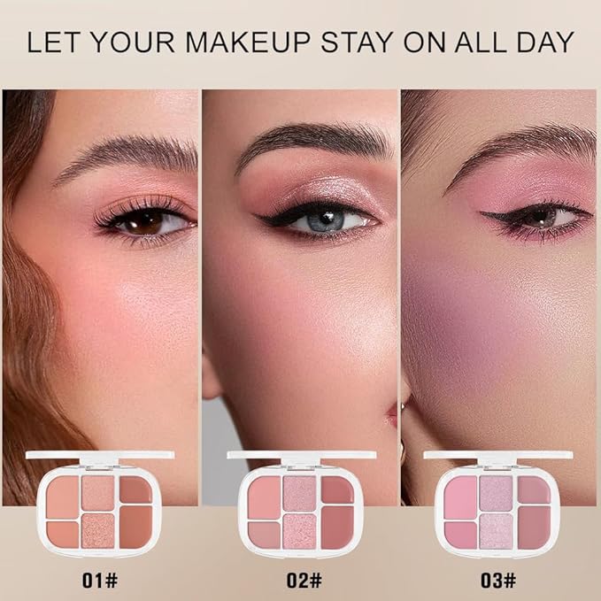 6-in-1 Cream & Powder Blush Highlighter & Eyeshadow Makeup Palette, Neutral Nude Orange Matte & Shimmer Makeup Palette, Comprehensive Face Makeup Plate for Women Daily,Vegan and cruelty-free 01
