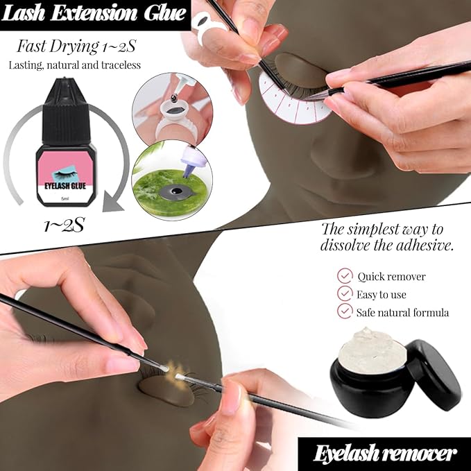 QUKLOGEN Lash Extension Kit Eyelash Practice for Beginners Professional Set with Mannequin Head Removable Eyelids USB Fan Spraye Individual False Lash Eyelash Strips Shampoo Brush Supplies Storage box