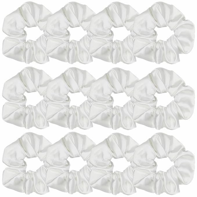 12 Pcs Satin Silk Scrunchies, Soft Hair Ties, Fashion Hair Bands, Hair Bows & Ponytail Holders, Women and Girls Accessories (4.3 Inch, White)