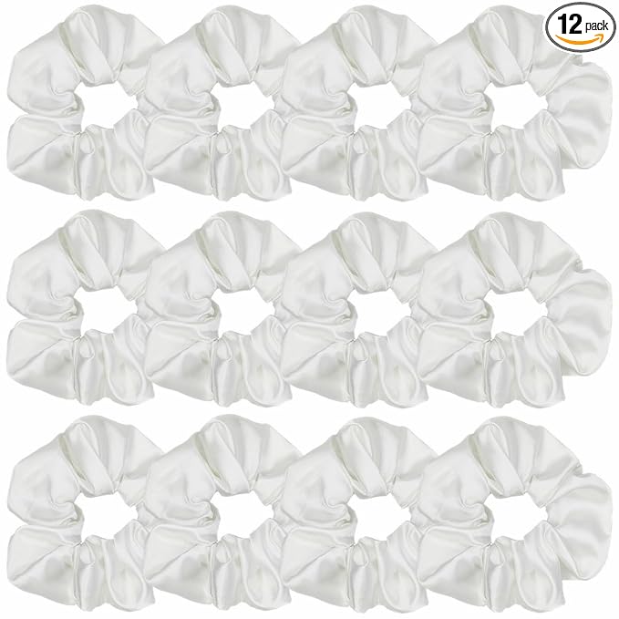 12 Pcs Satin Silk Scrunchies, Soft Hair Ties, Fashion Hair Bands, Hair Bows & Ponytail Holders, Women and Girls Accessories (4.3 Inch, White)