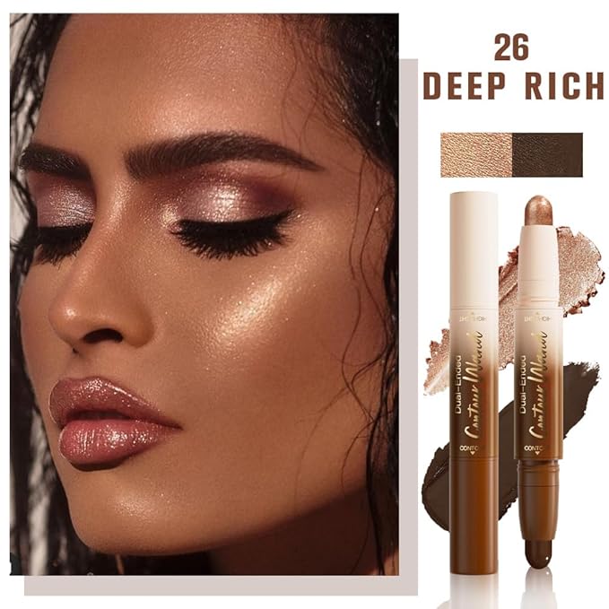 FeiCuiYun Dual-Ended 2-in-1 Cream Contour & Highlighter Stick Makeup For Face & Body – Waterproof, Long-Lasting, Suitable for All Skin Tones, 06#Black Cocoa + Bronzer Shimmer