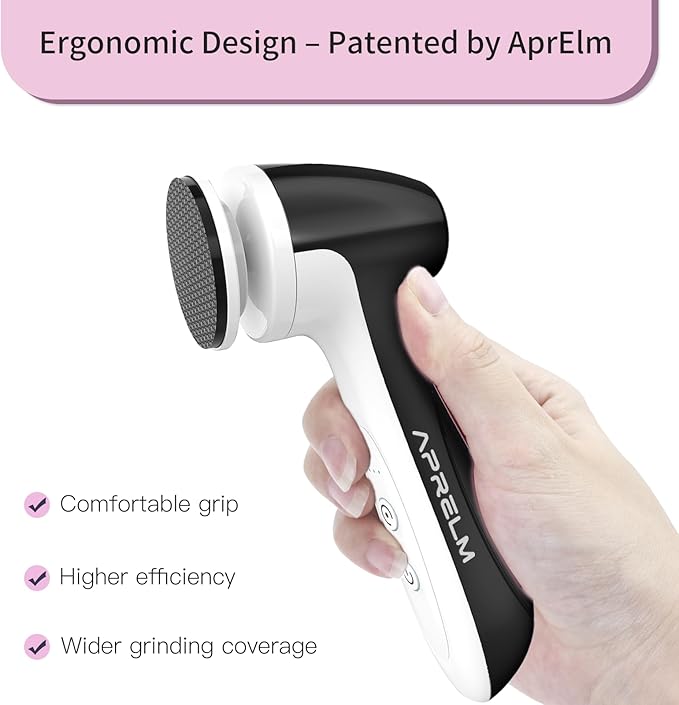 APRELM Rechargeable Electric Foot Callus Remover with 3 Glass Grinding Heads, Professional 1000RPM 3-Speed Control Electric Foot File (E7 Black Glass Version)