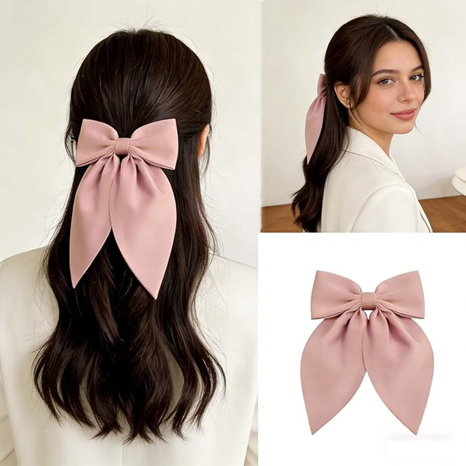 Large Pink Bows Hair Clips for Women - ZWENJIE Oversized Non-Slip Satin French Hair Clip Claw Accessory for Girls Thick/Thin Barrettes for styling