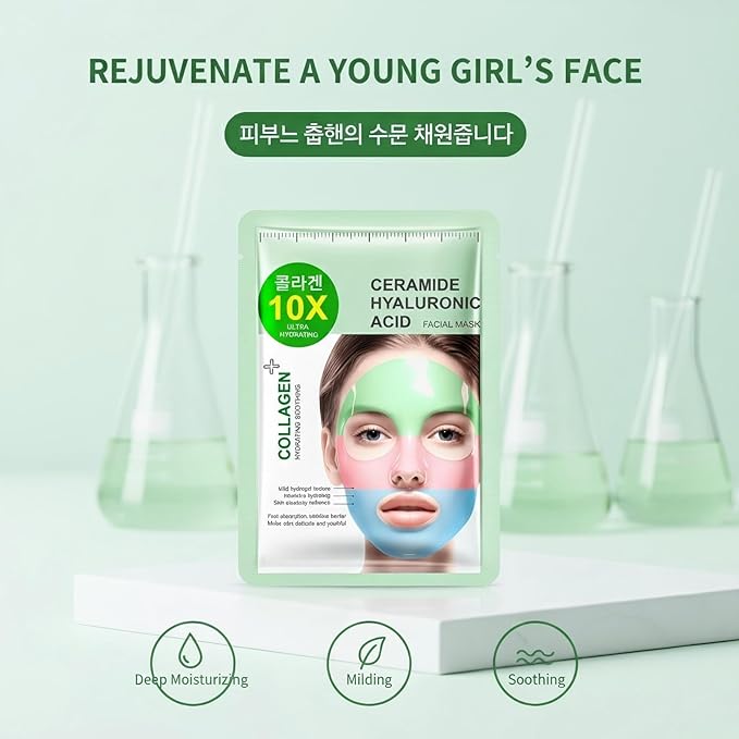 Collagen Face Mask, Hydrating Face Mask 3-Color Sheet Mask with Ceramide and Hyaluronic Acid, Deep Moisturizing & Plumping Facial Mask, Triple Effect 5PCS, Gentle & Nourishing for All Skin Types