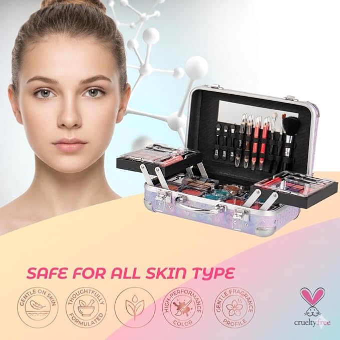 Hot Sugar All In One Makeup Set for Teenager Girls 13-15, Full Makeup Kit for Beginners Includes Eye Shadow Palette Blush Lip Gloss Lipstick Lip Pencil Eye Pencil Brush Mirror (Purple Heart)