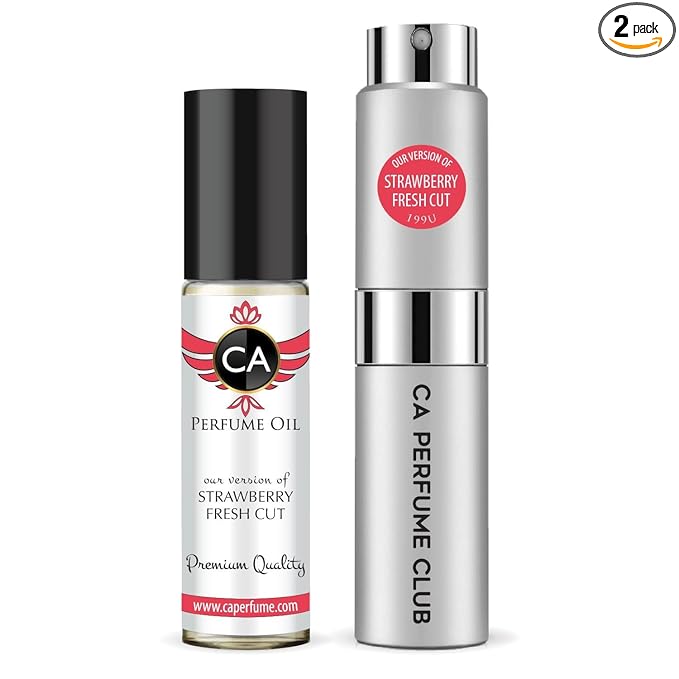 CA Perfume Duo Impression of Fresh Cut Strawberry For Women And Men Perfume Layering Set Long Lasting Travel Size EDP + Body Oil Roll-On Bottle 0.27 Fl Oz+0.33 Fl Oz