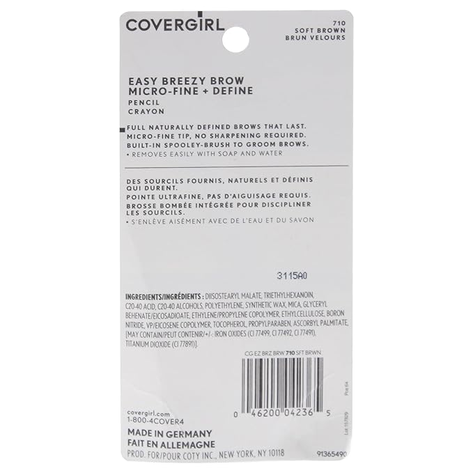 COVERGIRL Easy Breezy Brow Micro-Fine and Define Pencil, Soft Brown, 0.03 Pound , Brown Eyebrow Pencil, No Sharpening Needed, Built in Spoolie, Safe for Sensitive Eyes, Removes Easily