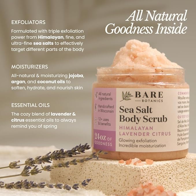 Bare Botanics 24oz Lavender Citrus Himalayan Sea Salt Body Scrub | Non-toxic, Vegan & Cruelty-free | Made in Madison, WI | Full Body Exfoliator & Hydrating Moisturizer with a Cute Wooden Spoon