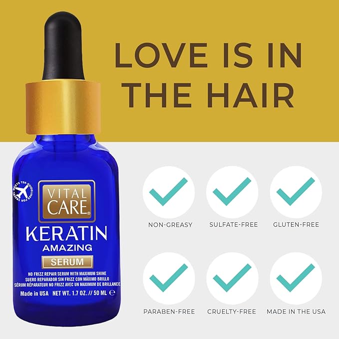 Vital Care Keratin Amazing No-Frizz Serum with Glass Bottle & Dropper - Keratin Complex Hair Treatment is Non-Stripping for Daily Use, Hydrating & Repairing - Abyssinian, Avocado & Sunflower Seed Oil