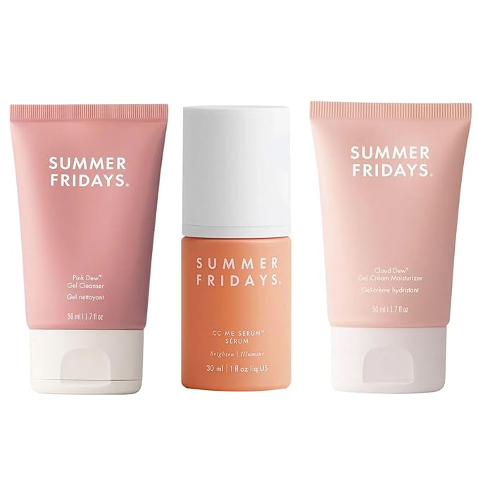 Summer Fridays Morning Trio - Travel Size Pink Dew Gel Face Wash, Cloud Dew Gel Face Moisturizer + CC Me Vitamin C + Niacinamide Serum - Brightening + Hydrating Morning Skin Care Set (3 Count)