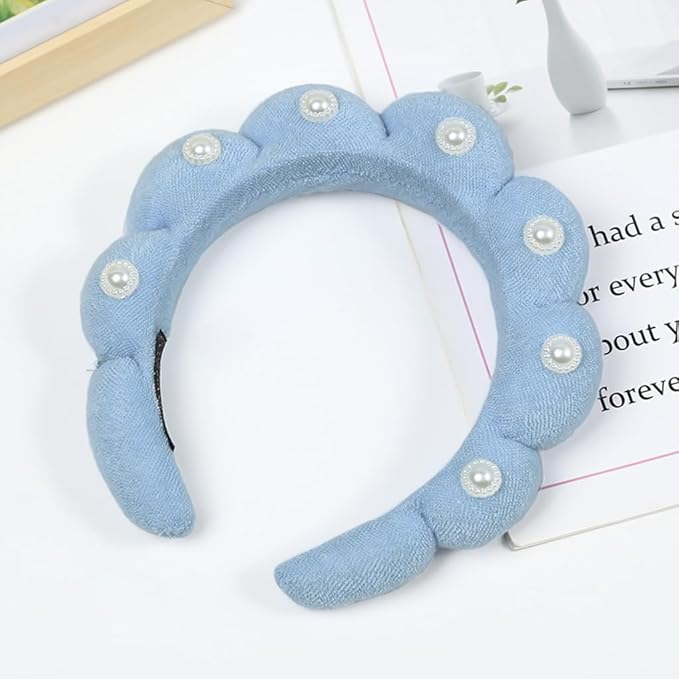 Spa Headbands Puffy Makeup Skincare Headbands for Washing Face or Facial, Terry Cloth Fabric Hairbands for Makeup Removal Shower Skin Treatment(Light Blue, Pearl)