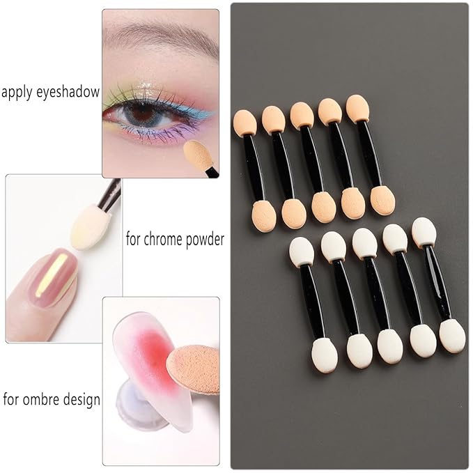 Fcozpjk Disposable Eyeshadow Applicators, 100PCS Chrome Nail Powder Applicator Brush, Dual Side Eye Shadow Sponge Sticks, Nail Glitter Powder Pigment Pen Brush, Nail Art Applicator Tools