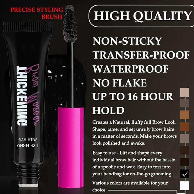 Tinted Thickening Brow Mascara,Tinted Eyebrow Gel, Waterproof, Transfer-proof, Brush to Fill in Eyebrows and Cover Gray Hairs - Cruelty Free - Light Medium Brown (1pc 08 Black)