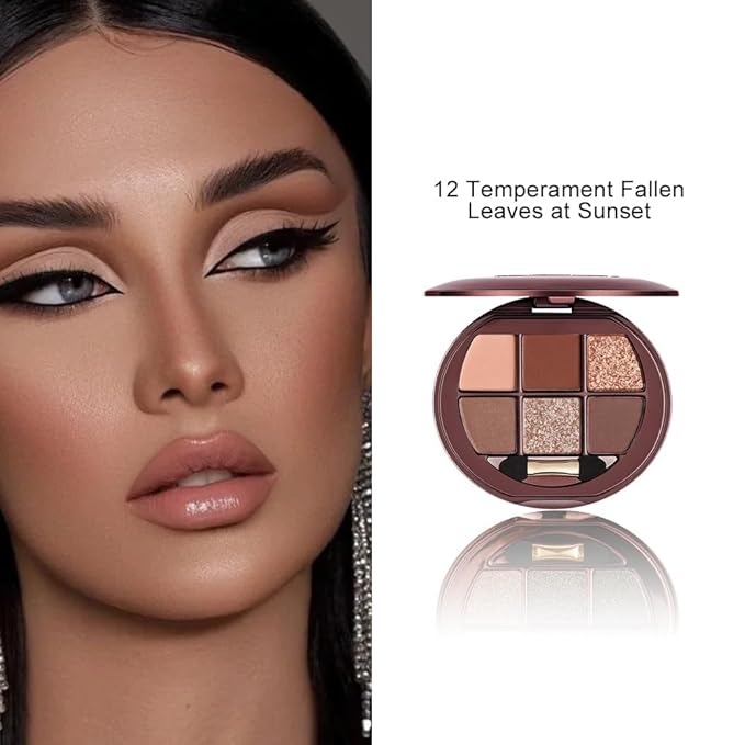 Matte Shimmer Glitter Mini Eyeshadow Palette – 6-Color Warm Caramel Rust Eye Shadow Kit, High Pigment Long-Lasting Waterproof Nude Brown Smokey Eyes Makeup Palette for Daily Wear & Soft Glam Looks