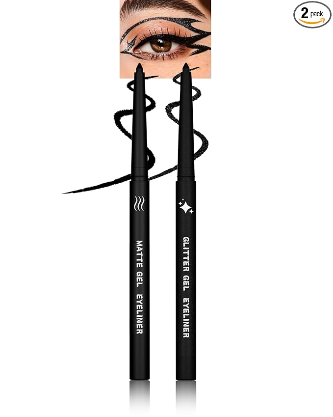 2 PCS Black Eyeliner Pencil Set, Matte & Glitter Gel Eyeliner Pencil kit, Waterproof & Smudge-proof Waterline Eye Liner Pen Beauty Makeup for Mature Women, Girls, Daily, Party, Halloween-Black Set