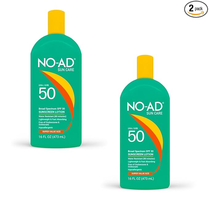 NO-AD SPF 50 Sunscreen Lotion | Hypoallergenic | Broad Spectrum UVA/UVB Protection | Water Resistant | Octinoxate & Oxybenzone Free with moisturizing Vitamin E and Aloe 16oz | Pack of 2