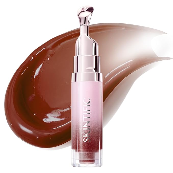 SKINTIFIC Peptide Brightening Lip Serum, Hydrating & Plumping Tinted Lip Gloss, Moisturizing Lip Balm with Polypeptides & Squalane for Glossy Sheer, Smooth Lips(08U Cinnamon Rose)