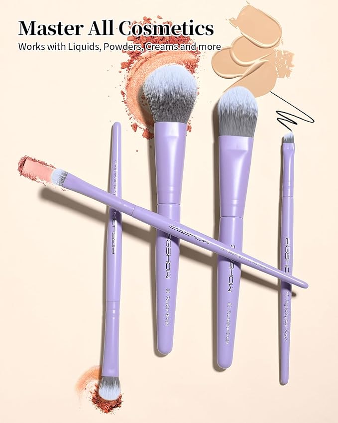 EIGSHOW Makeup Brush Set 5Pcs Basic Makeup Brushes for Powder Foundation Eyeshadow Eyeliner, Synthetic Silver Ion Bristles, Travel-Friendly, Vegan & Cruelty-Free (Matte Purple)