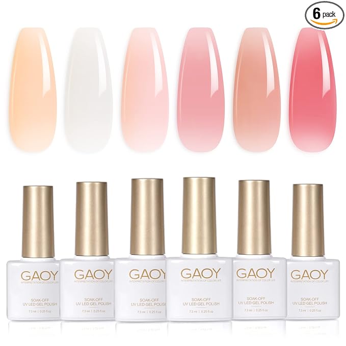 GAOY Milky White Jelly Nude Gel Nail Polish Set, 6 Transparent Colors Sheer Pink Orange Soak Off UV Light Cure Gel Polish Kit for Salon and Nail Art DIY at Home