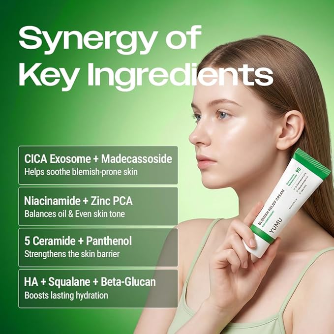 YUMU Cica Exosome Zinc Blemish Relief Cream, Face Moisturizer for Sensitive, Acne-Prone Skin, Lightweight, Breakouts, Barrier Repair, Hydration, Soothing, Oil-Free, Korean Skincare (80 ml/2.70 fl.oz.)
