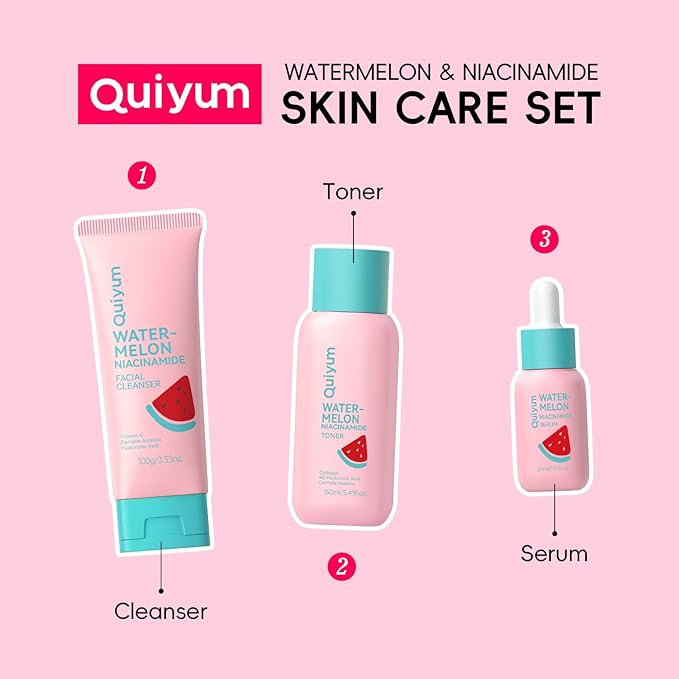QUIYUM Watermelon & Niacinamide Skin Care Set, Beauty Facial Skincare Products, Routine Skincare for Teens, Nourishing, Hydration, Glow Up, Trendy Stuff for Girls with 3PCS, Birthday Mother's Day Gift