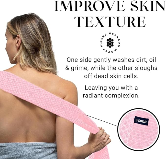 Sima Brand Exfoliating Washcloth Face & Body Scrub Towel - Japanese Exfoliating Towel with Hexagon Fibers, Body Scrubber with 2 Sides for Scrubbing & Washing, Extra Long Towels (Pink, 2 Pack)