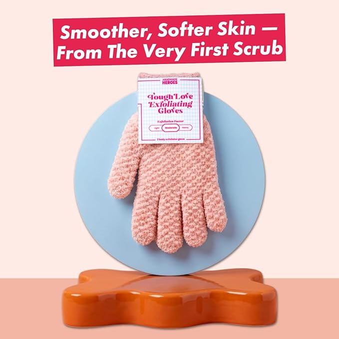 Handmade Heroes Tough Love Exfoliating Gloves – 2pc Reusable Body Washcloth Mitt for Shower Bath & Spa, Dead Skin Remover, Ingrown Hair & Self Tan Exfoliator, Women Shower Accessories for Smooth Skin