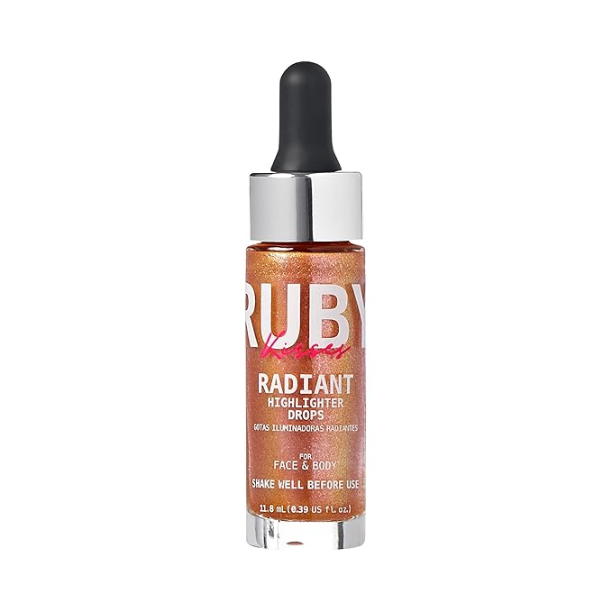 Ruby Kisses Radiant Drops, Shimmer Liquid Highlighter Makeup, Smooth Illuminator for Face Body, Natural Glow Dewiness Glitter for Skin (Blush Gold)