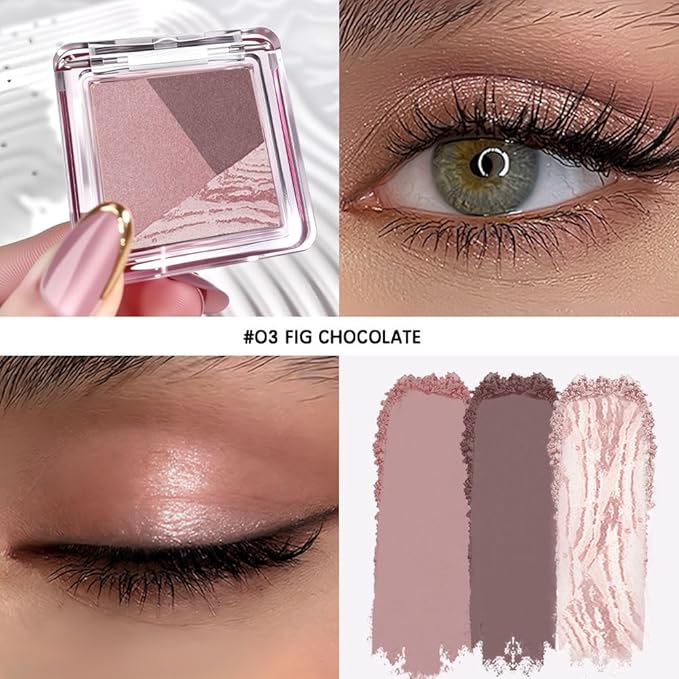 Mini Pink Brown Baked Eyeshadow Palette, 3 Shade Shimmer Eye Shadow, Soft Romantic Glam Makeup, Smooth Blendable & Buildable, No Fallout, Long-Lasting Daily & Glam Looks, Paleta de Sombras de Ojos 03