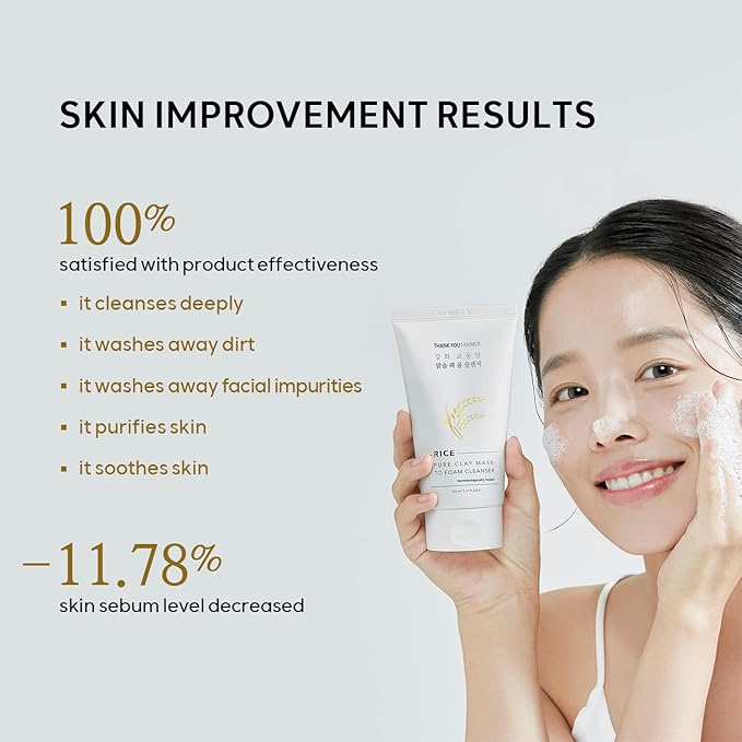 THANKYOU FARMER Rice Pure Clay Mask to Foam Cleanser, 1 Minute Clay Mask to Purify Pores, Foam Cleanse to Remove Excess Oil & Sebum, Deep Cleansing, Korean Skincare, Dermatologist Tested, 5.27 Fl oz