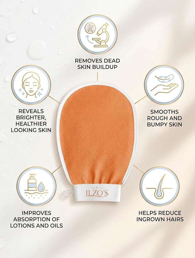 ILZO’S Original Exfoliating Mitt for Body (2 Pack) – Deep Exfoliating Glove for Dead Skin Removal, Korean Viscose Body Scrub Mitt for Smooth Skin, Helps Ingrown Hair & Keratosis Pilaris (ORANGE)