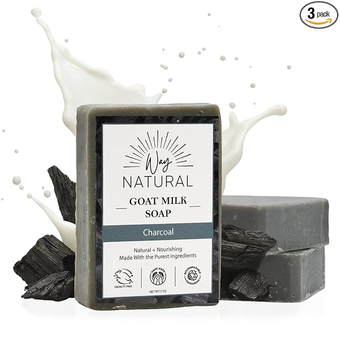 Activated Charcoal Soap Bar (3 Pack) - Goat Milk Soap for Men, Women & Kids - Natural, Handmade w/Real Milk - Dry, Sensitive Skin, Hands/Body - Premium, Gentle, No Dyes - (Large, 5oz)