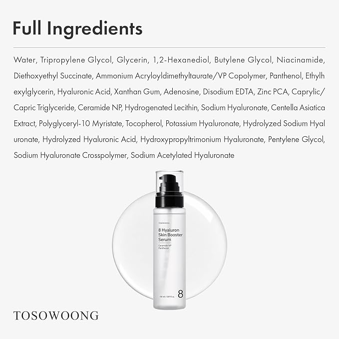 TOSOWOONG 8 Hyaluron Skin Booster Serum for Face with Niacinamide, Glycerin, Panthenol, Hydration Boosting Facial Essence, Plumper Skin, Glass Skin, All Skin Types, Korean Skincare, 150ml/5.07 fl. oz.